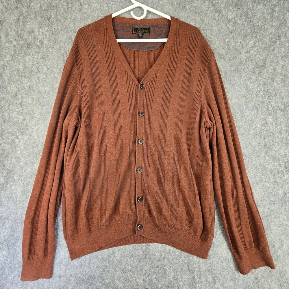 Jos A Bank Reserve Cotton Silk Cardigan Sweater Mens XL Brown Ribbed Knit Button